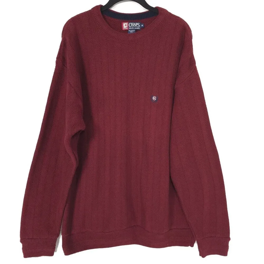 CHAPS RALPH LAUREN Mens VINTAGE Sweater MEDIUM Burgundy‎ Crewneck Logo USA MADE